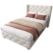 Letto singolo imbottito 90 × 200 cm con rete a doghe testiera in lino beige bottoni rivetti e gambe in legno