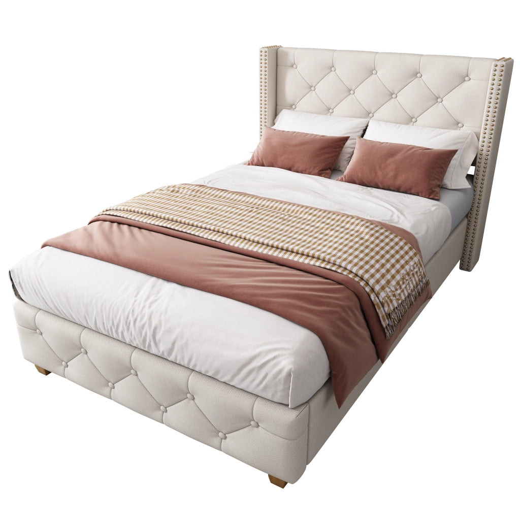 Letto singolo imbottito 90 × 200 cm con rete a doghe testiera in lino beige bottoni rivetti e gambe in legno