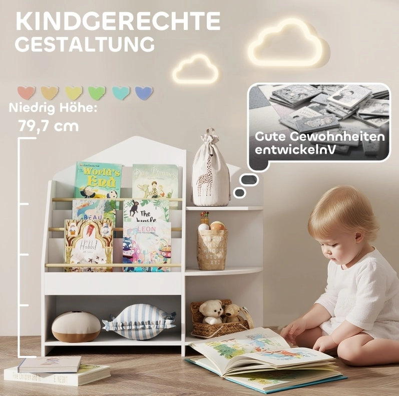 Libreria per bambini 80 x 30 x 79,7 cm in legno bianco, 7 vani salvaspazio