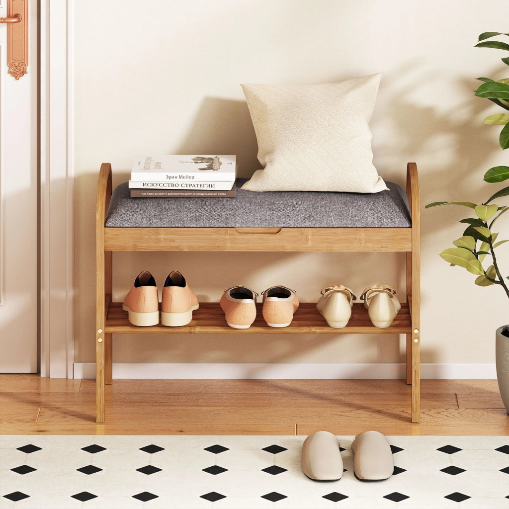 Panca porta scarpe in bamb¨´ con contenitore e 2 livelli, Organizzatore compatto con cuscino per ingresso corridoio 70x31,5x51 cm