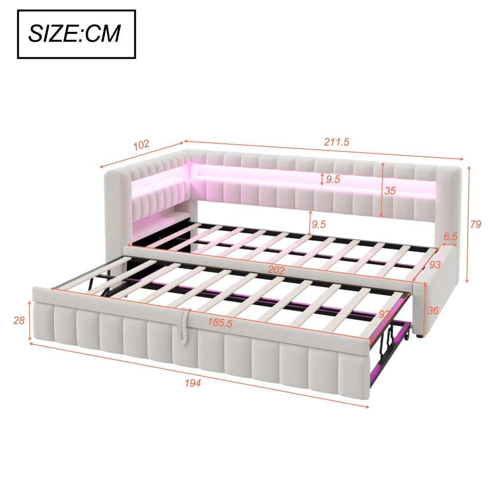 Letto singolo estraibile imbottito 90 × 200 cm con LED USB e tipo C in velluto beige con ripiani e schienale a righe