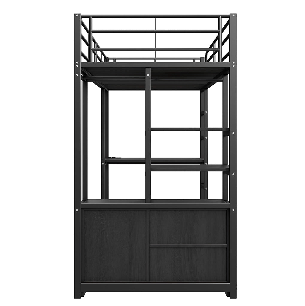 Letto a soppalco 90x200 cm in metallo con scrivania, prese USB e ripiani, colore nero