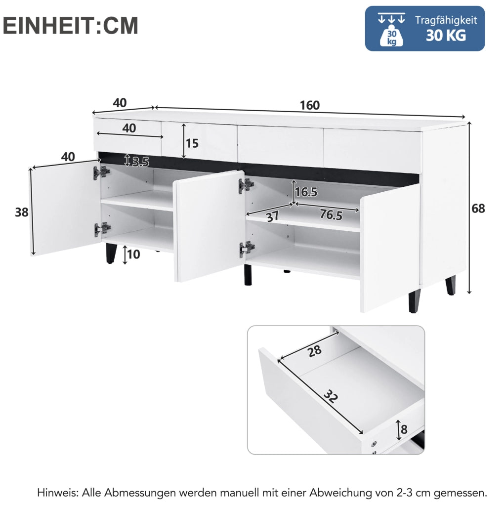 Sideboard bianco lucido con 4 cassetti e 2 ante
