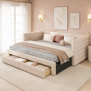 Divano letto beige 207x189x74 cm in cotone e lino con 2 cassetti, senza materasso