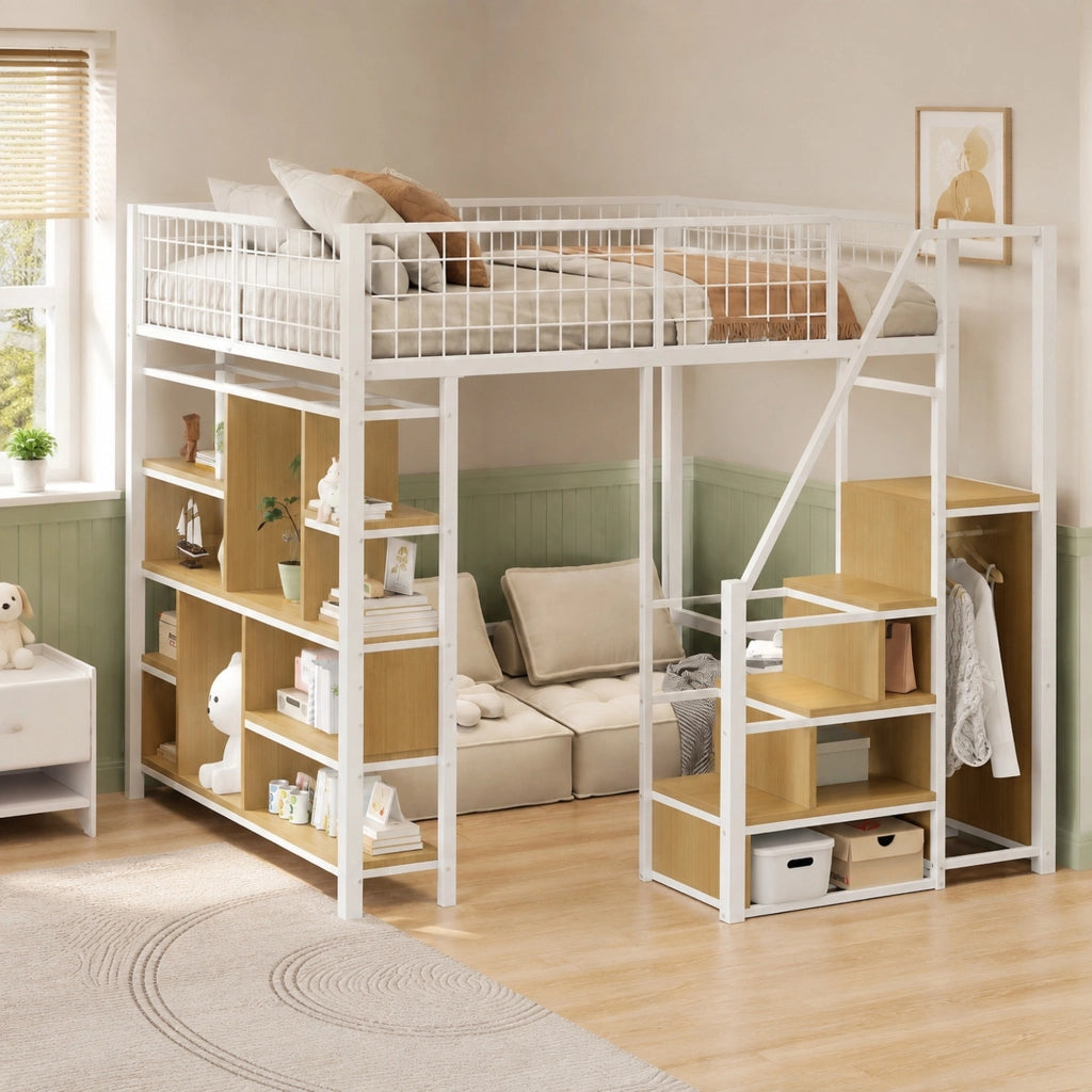 Letto a soppalco 140 × 200 cm con scala contenitore e vano aperto in metallo e legno bianco