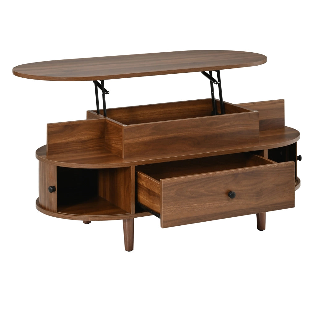 Tavolino da caffè ovale 105x50x60.5 cm con piano sollevabile idraulico in MDF noce