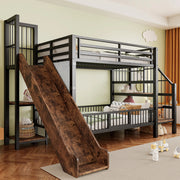 Letto a castello per bambini in metallo con scivolo, scala con contenitore e ripiani integrati 90x200 cm, nero