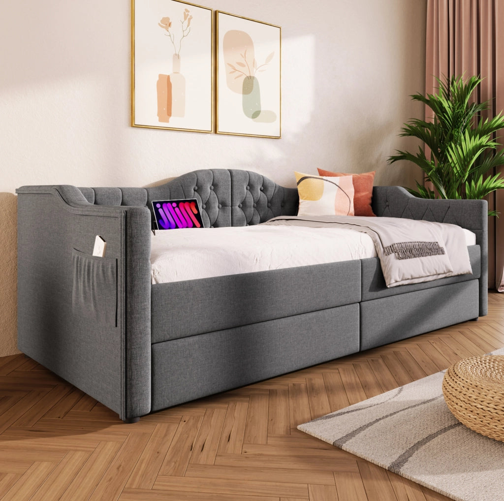 Letto imbottito con USB Type-C, 2 cassetti e design salvaspazio