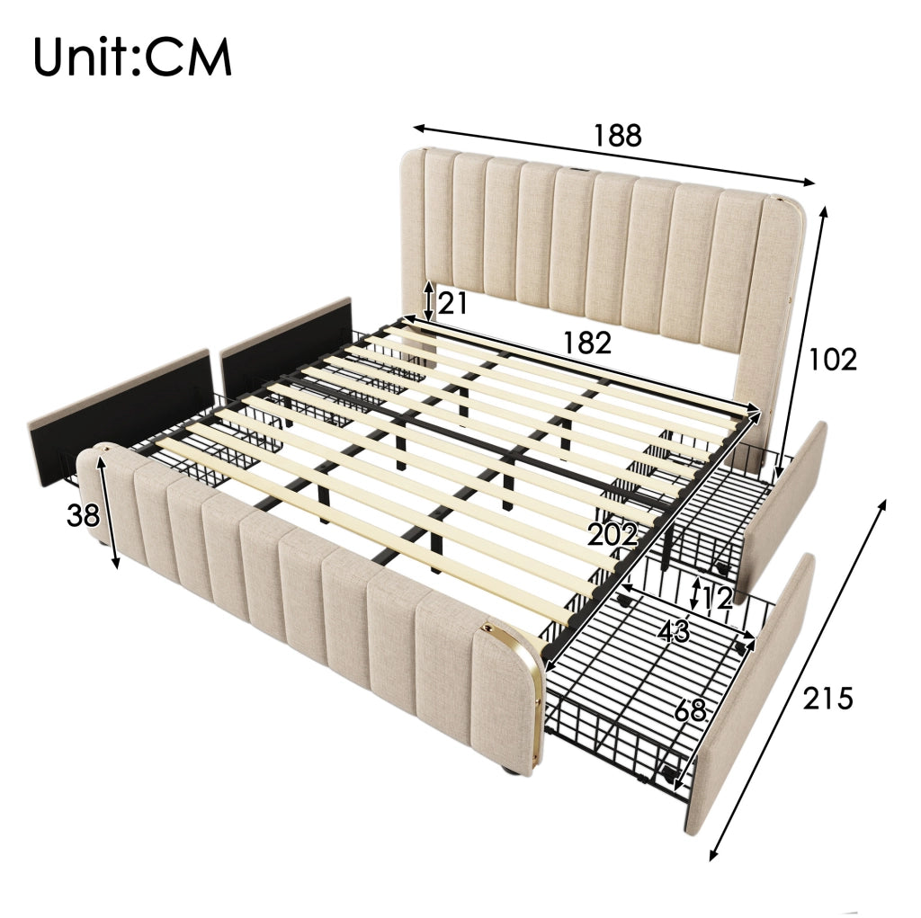 Letto matrimoniale beige 180x200 cm con 4 cassetti, USB e Type-C