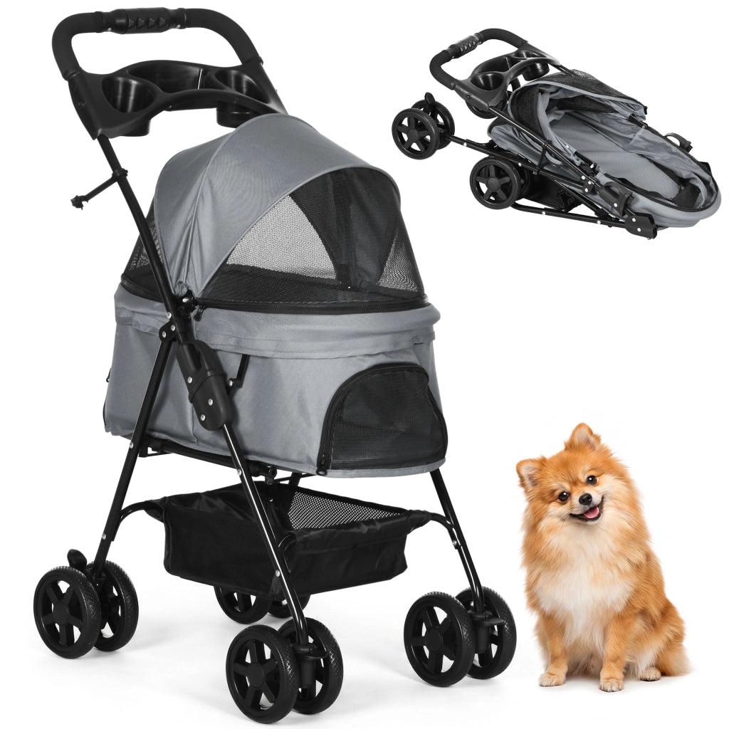 Passeggino per Cani Pieghevole con Guinzaglio di Sicurezza e Cestino Portaoggetti, Grigio