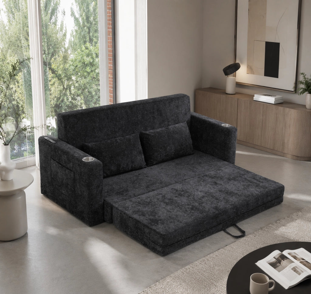 Divano letto pieghevole 2 posti 2 in 1 in ciniglia nero e grigio con USB