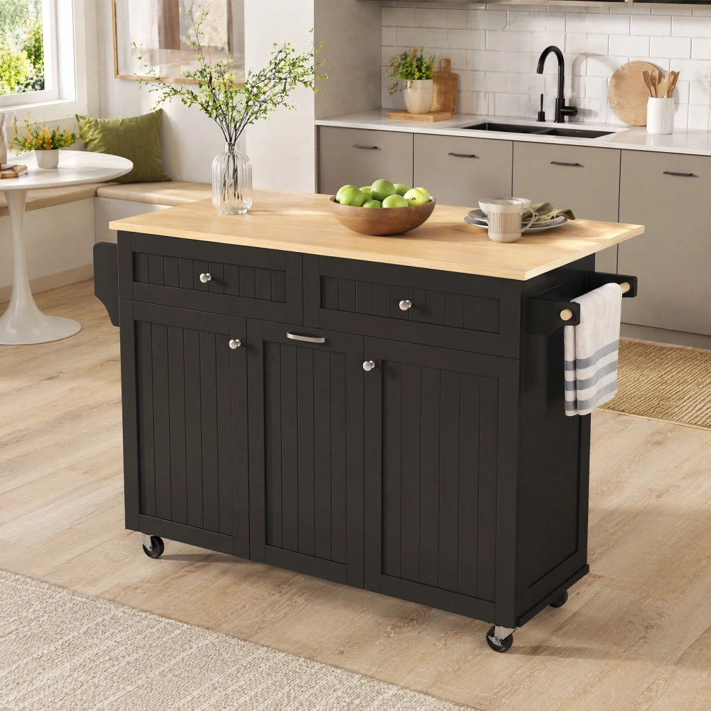 Isola da cucina con piano estraibile e pieghevole; cassetti a due livelli; ruote; nero e naturale 140 × 40-70 × 92 cm