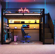 Letto a soppalco 90x200 cm in metallo e MDF nero con LED e scrivania