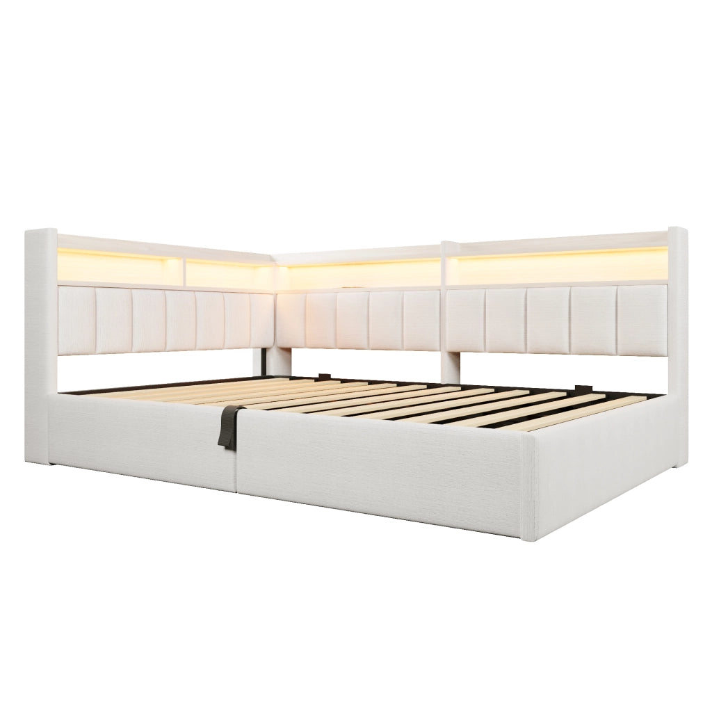 Letto contenitore 140 x 200 cm con contenitore idraulico, LED e USB-A/Type-C, letto imbottito in velluto bianco crema con vani laterali reversibili