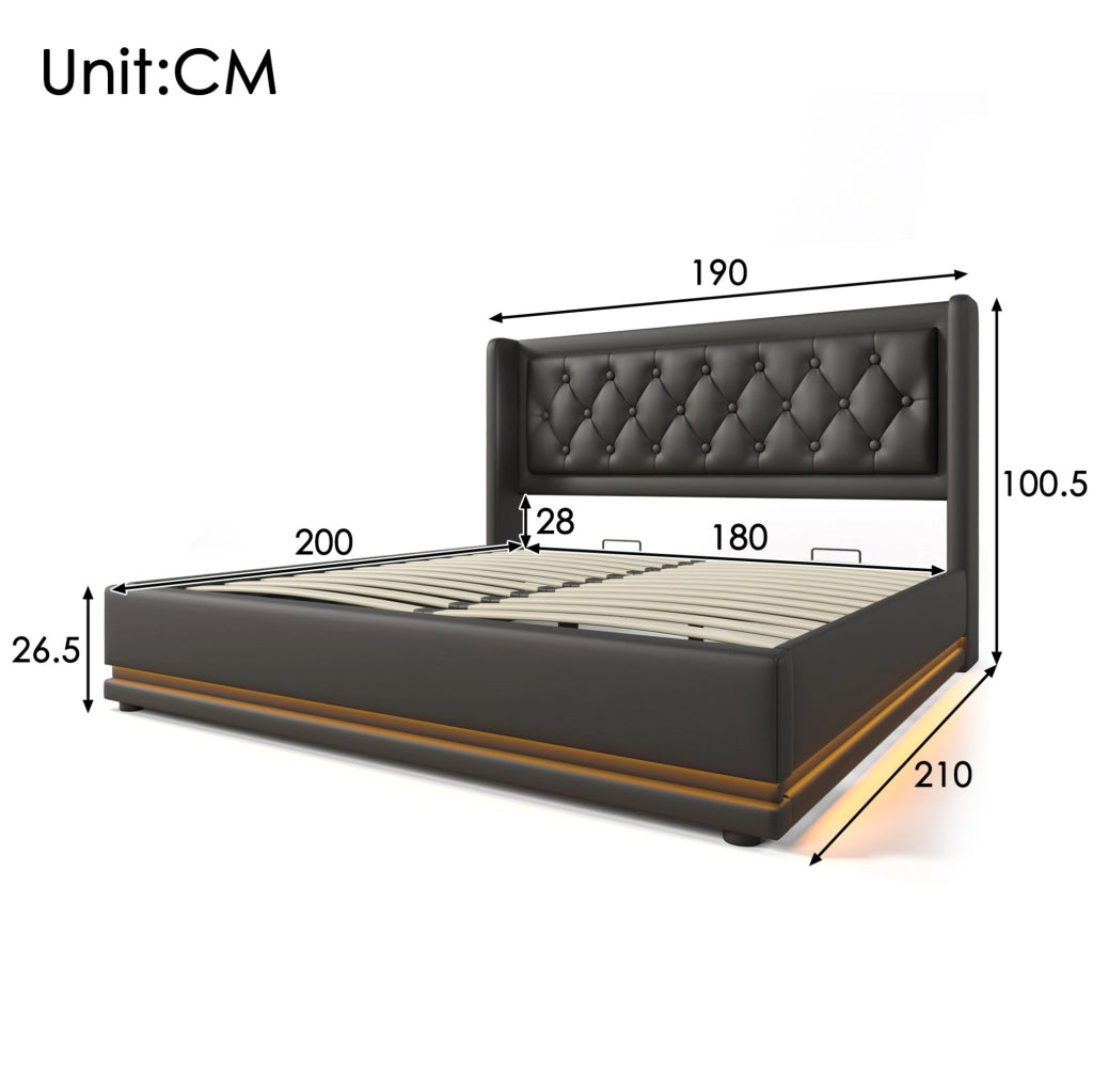 Letto matrimoniale 180x200 cm con contenitore; LED e USB-C; struttura in PU nero