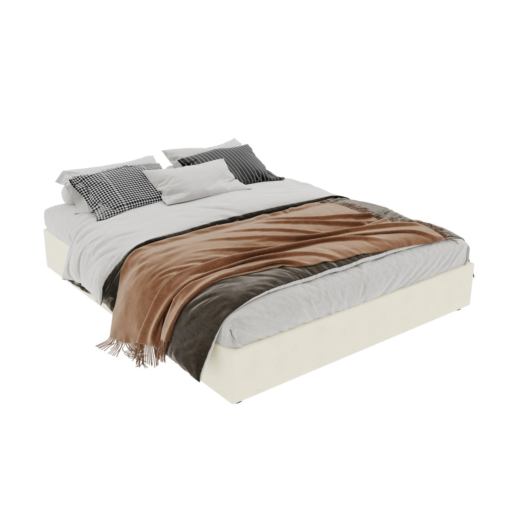 Letto matrimoniale 160 × 200 cm 2 posti senza testiera, materasso incluso, struttura in tessuto e metallo beige