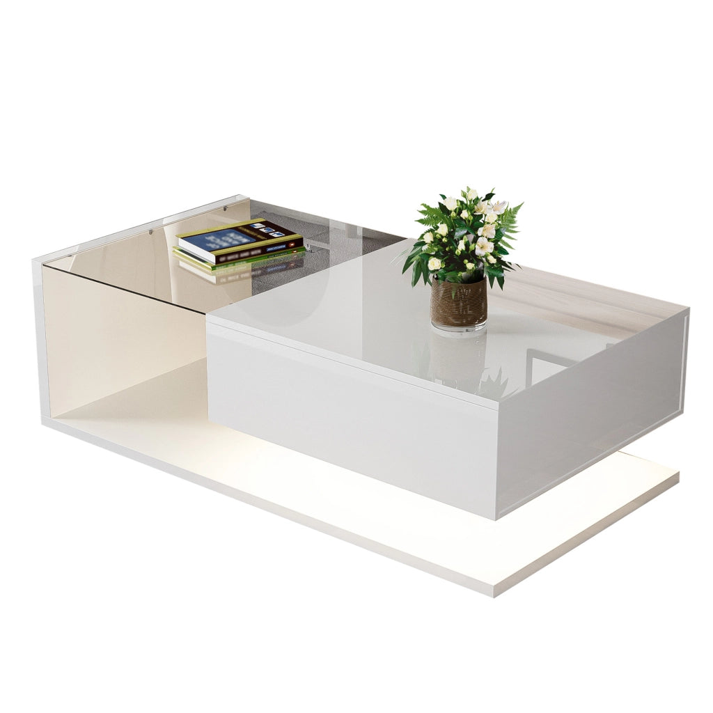 Tavolino da salotto con ripiano e LED a 16 colori regolabili, in vetro temperato e pannello truciolare bianco lucido