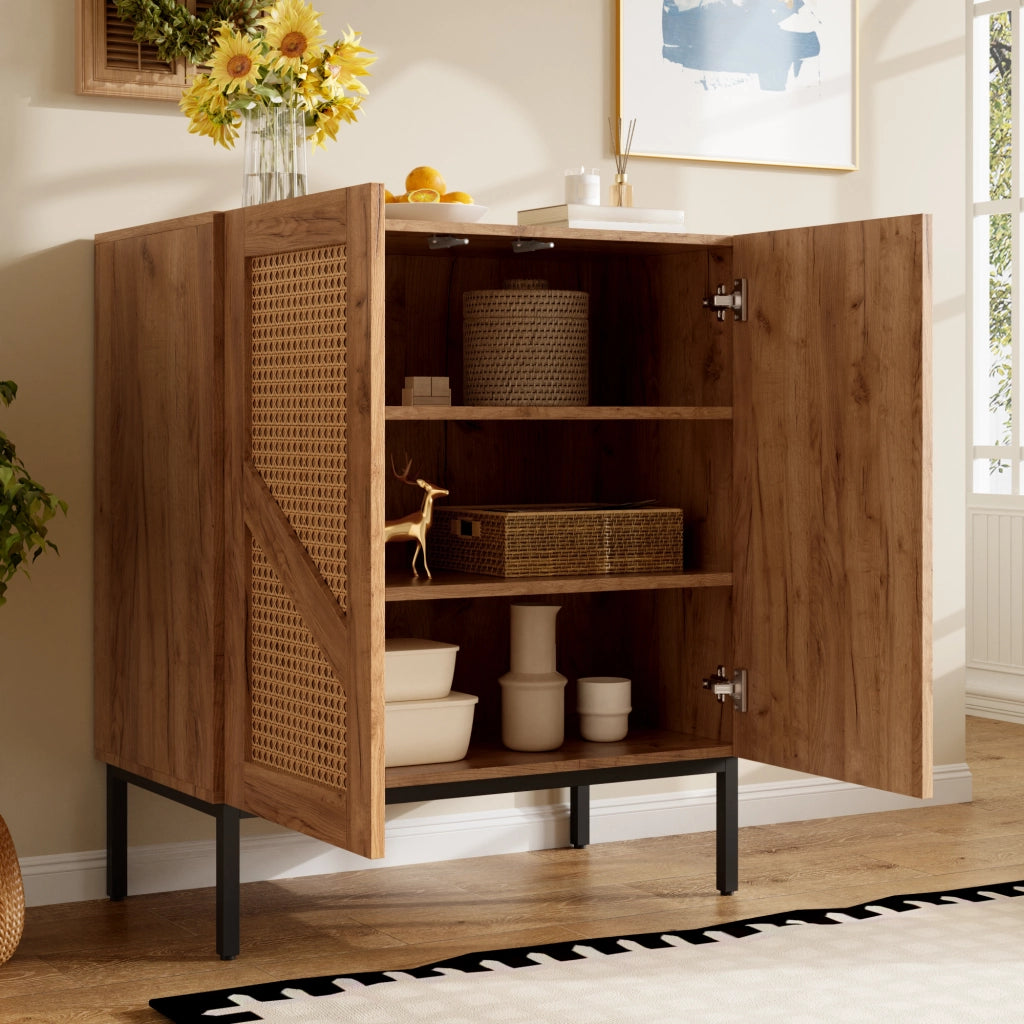 Credenza 70 cm 2 ante con 2 ripiani regolabili in truciolare e rattan PE per soggiorno e ingresso colore naturale