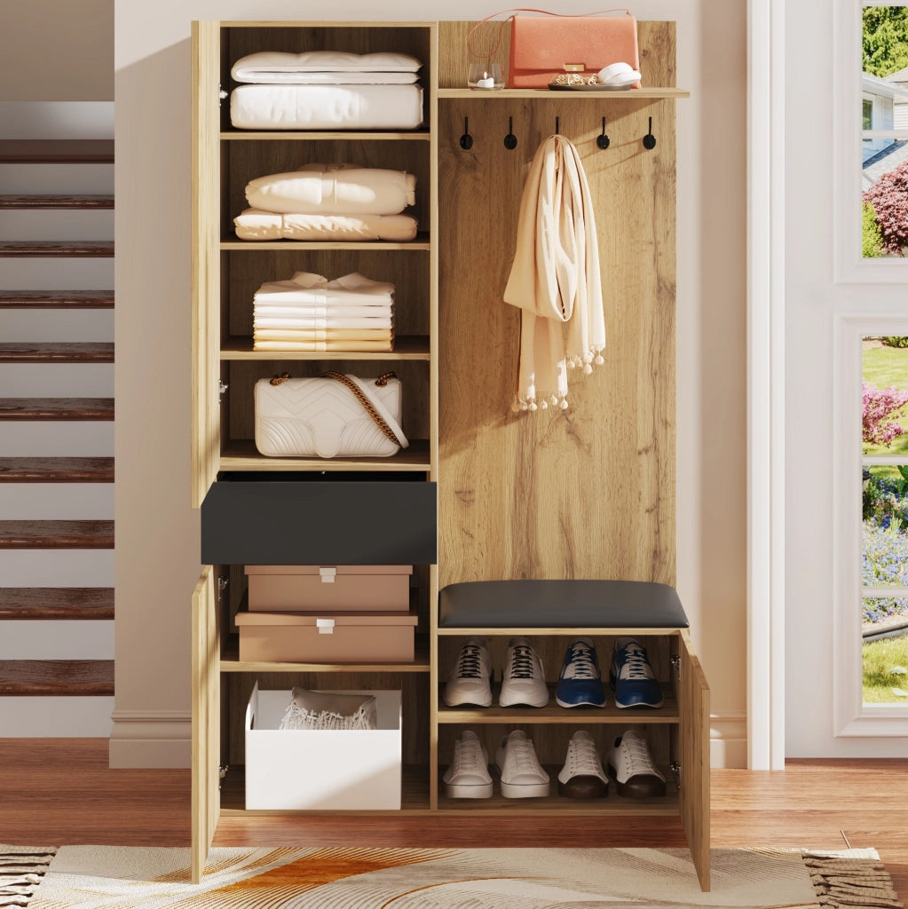 Set ingresso con appendiabiti a 5 ganci, specchio, armadietto porta scarpe e panca, struttura in MDF, 98,5x38x191 cm, colore legno e nero
