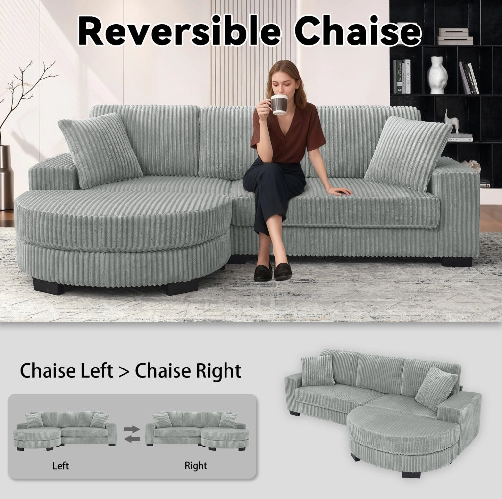 Divano angolare ULEVR 256,5x133,5x89 cm con pouf ovale reversibile, 2 cuscini, velluto a coste grigio