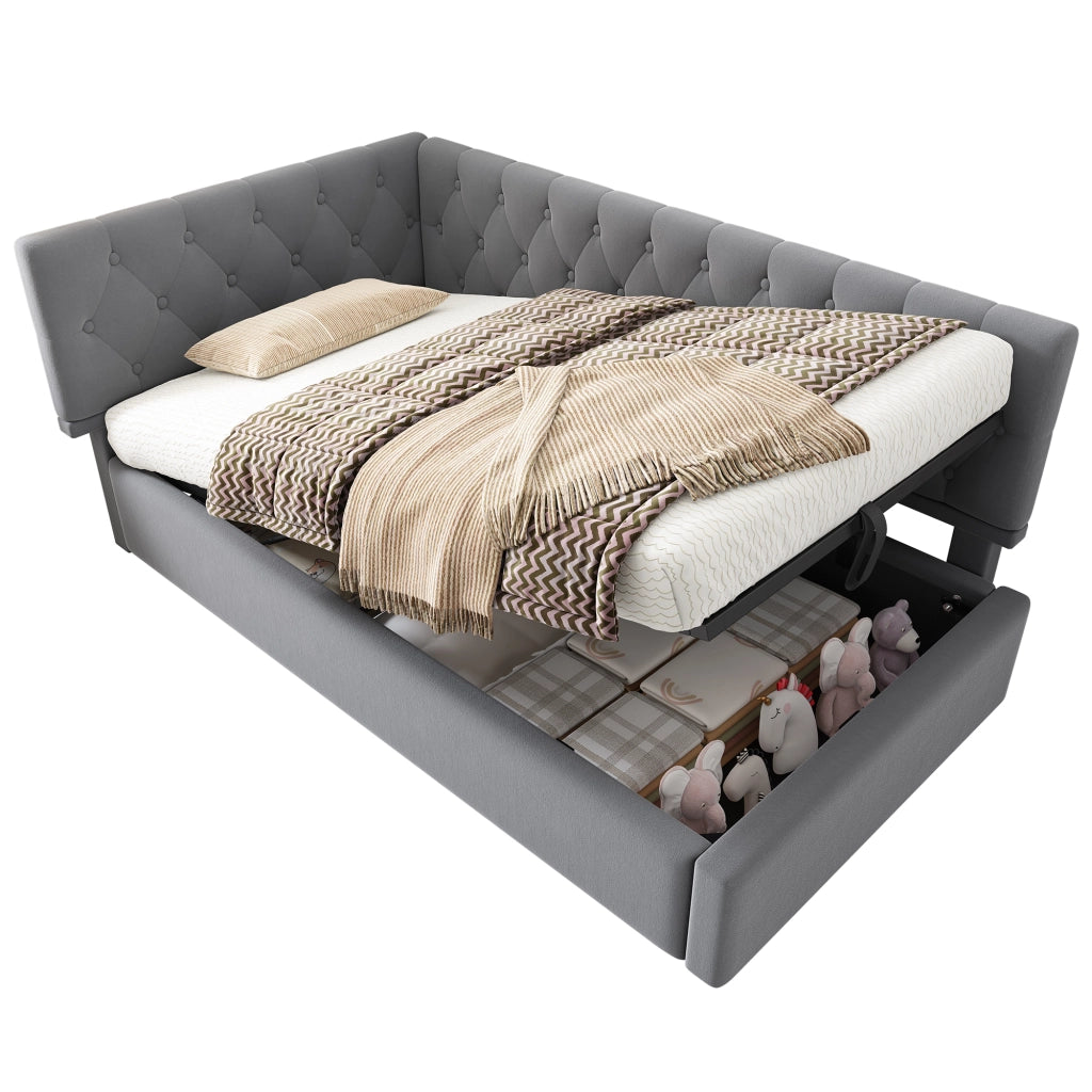 Letto contenitore 90 × 190 cm con apertura idraulica rivestito in velluto grigio