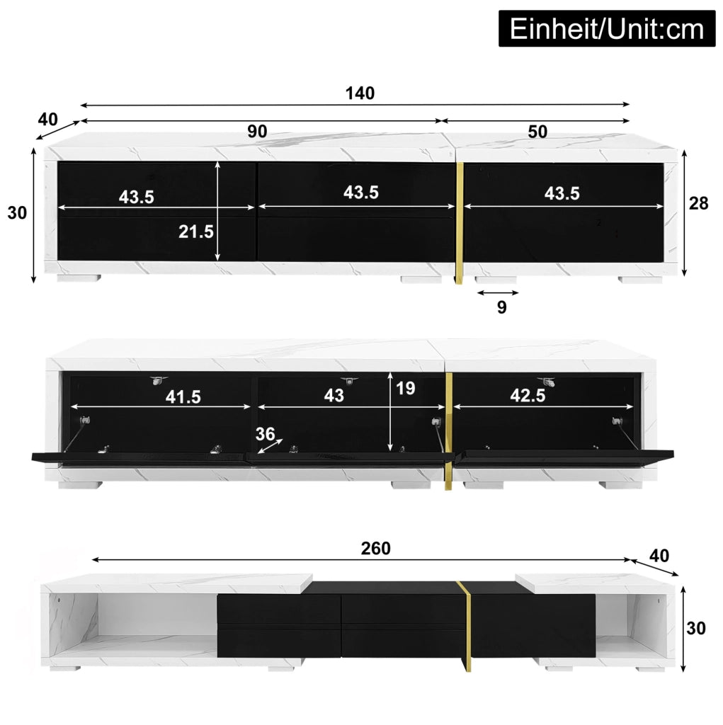 Mobile TV estensibile 140-260 cm girevole in MDF e pannello truciolare nero e marmo bianco
