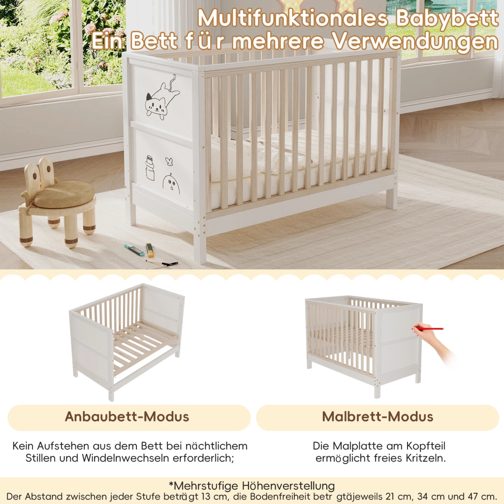 Culla co-sleeping convertibile con pannelli decorabili regolabile in 3 altezze in legno naturale e bianco portata 50 kg
