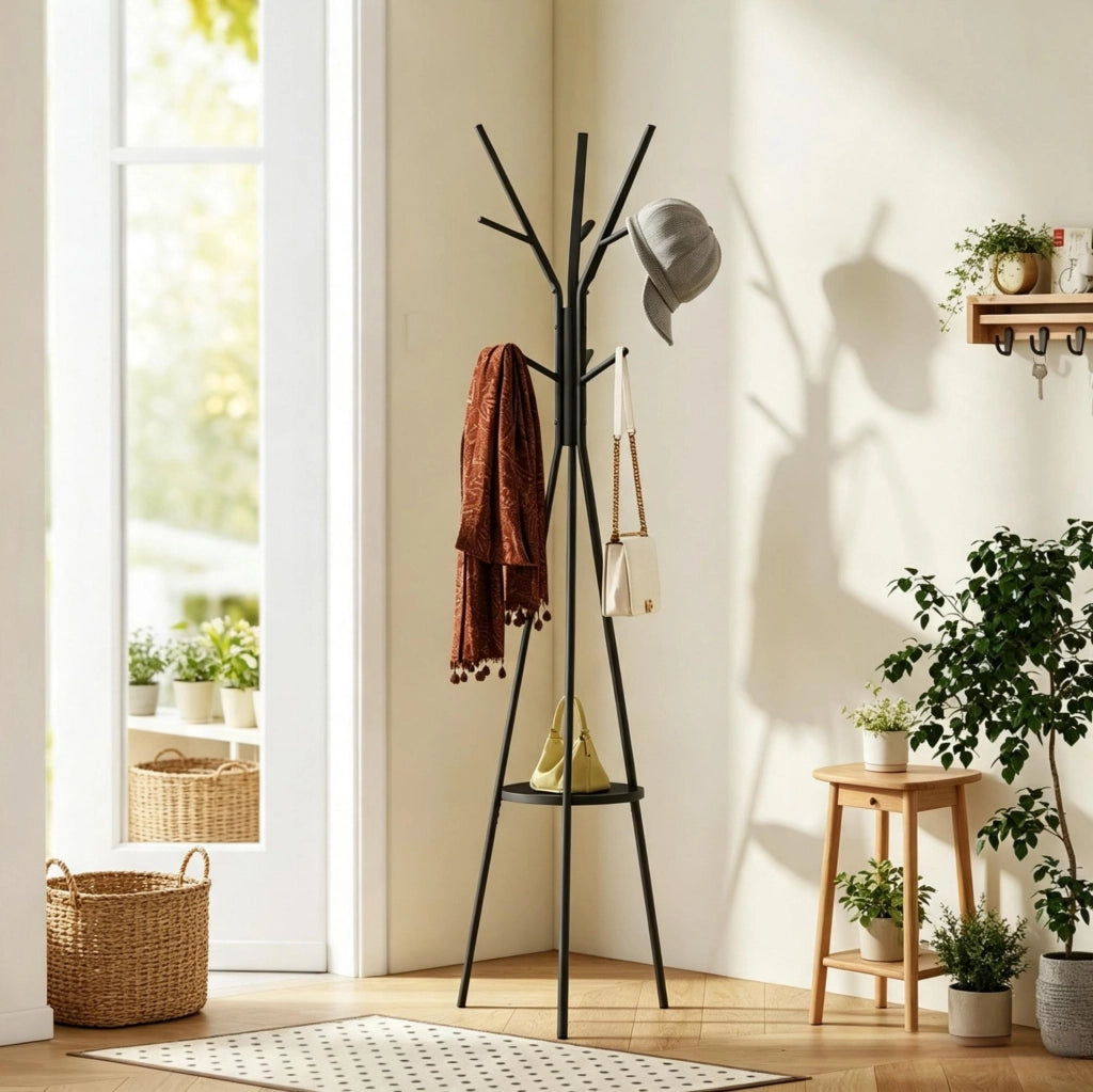 Appendiabiti moderno da terra in metallo e MDF nero con 9 ganci e ripiano, 45x45x180 cm