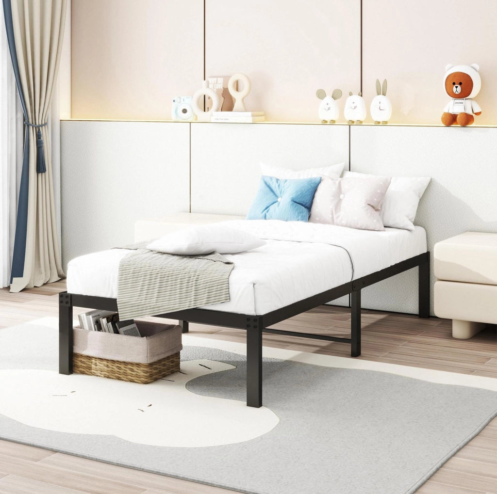 Struttura letto 90x200 cm in metallo nero con doghe in acciaio e spazio sottostante