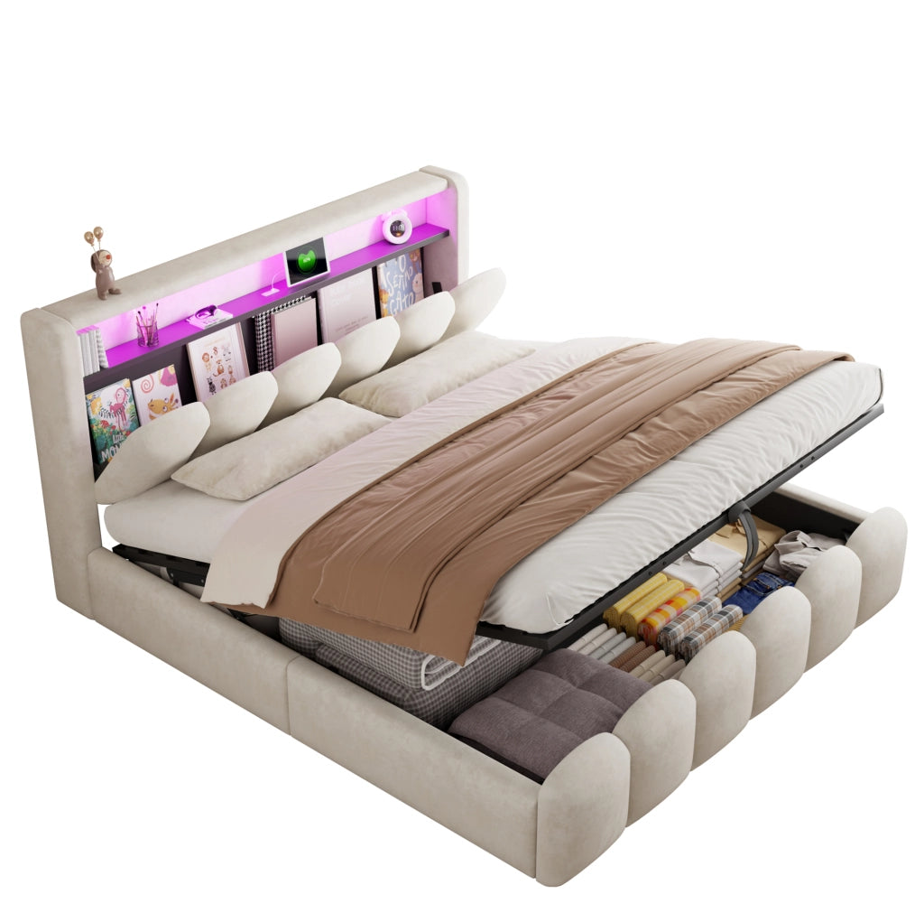 Letto contenitore 180x200 cm in velluto beige con LED, USB Type-C e vano portaoggetti
