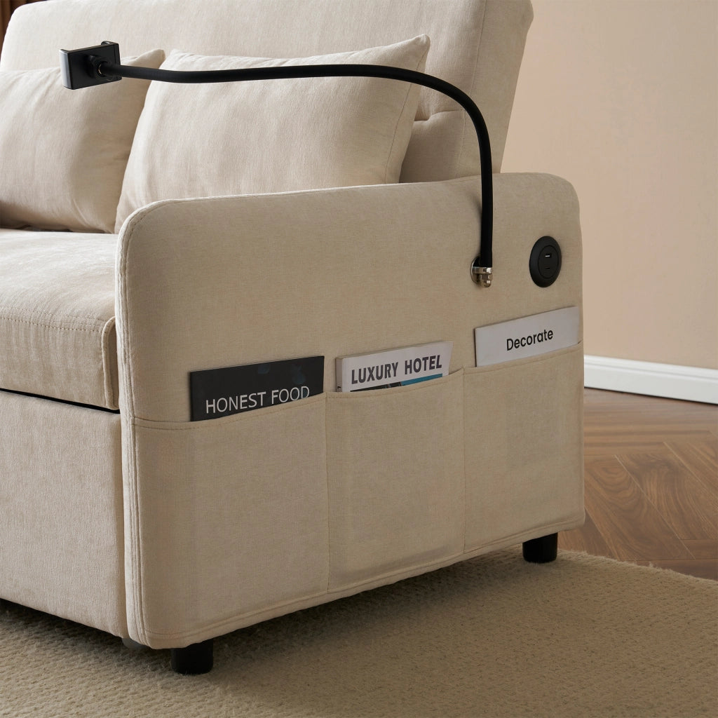 Divano letto estraibile 2 posti con schienale regolabile e USB in ciniglia beige