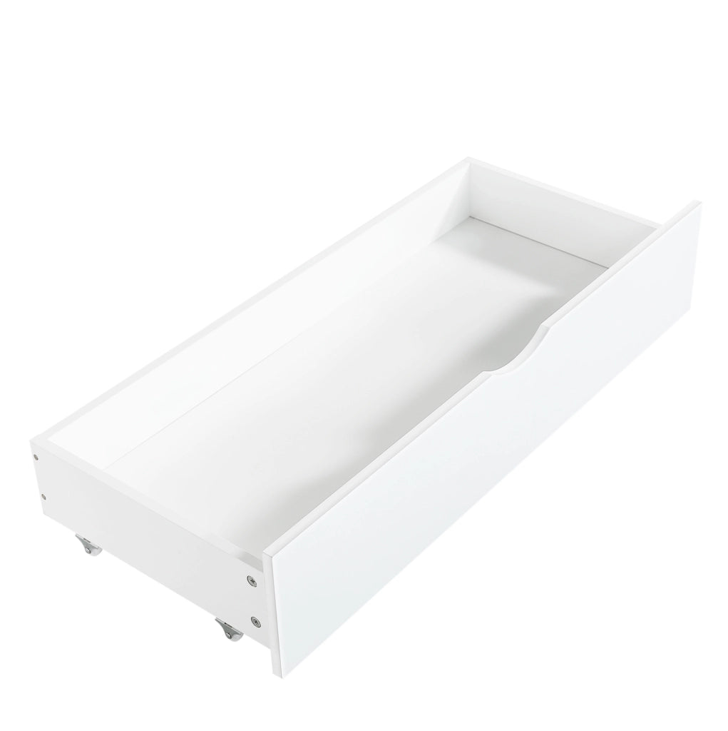 Letto a castello per bambini con scivolo, due cassetti su rotelle e scaletta con armadietto, bianco 90x200 cm