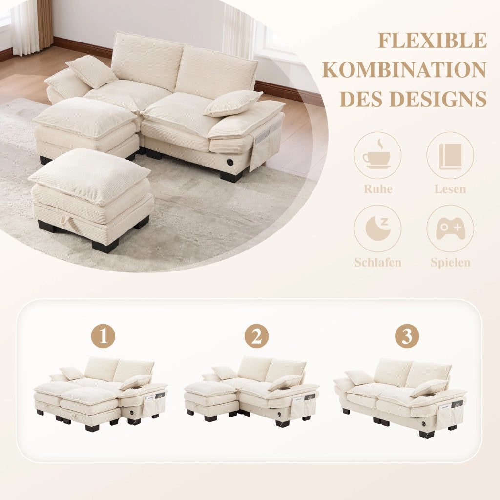 DIVANO 2 posti modulare 190x132x84 cm in corduroy beige, Set da 3 pezzi