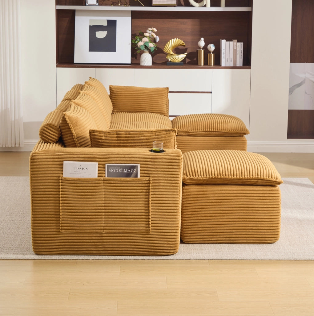 Divano modulare 4 posti 322x161x75 cm in tessuto arancione con 2 pouf