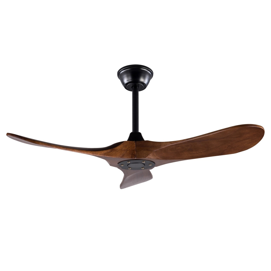 Ventilatore da soffitto con motore DC; telecomando e finitura nero e noce scuro