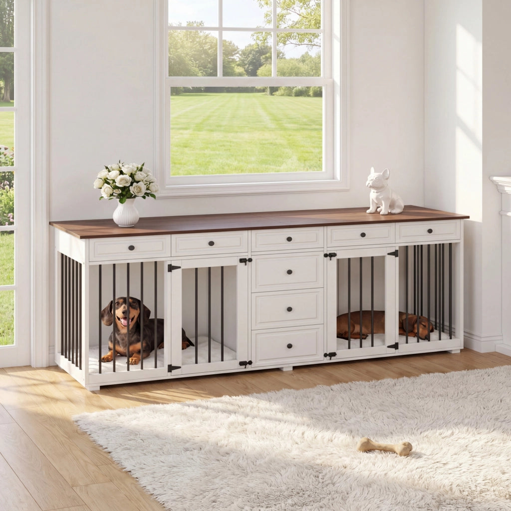 Mobile per cani da interno con 2 scomparti; 8 cassetti e chiusure di sicurezza; MDF e metallo bianco