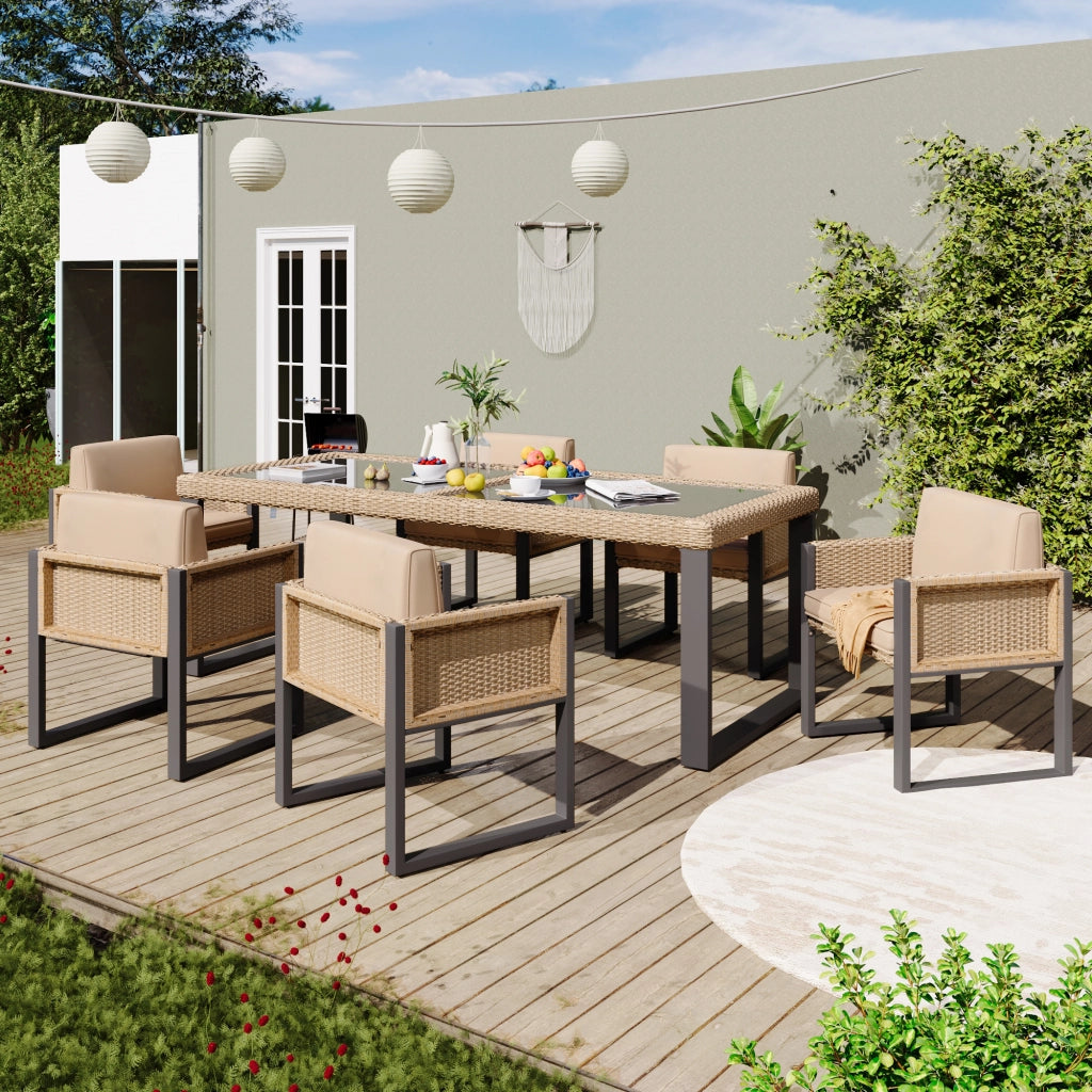 Set pranzo polyrattan 6 persone: poltrone; tessuto sfoderabile lavabile; marrone