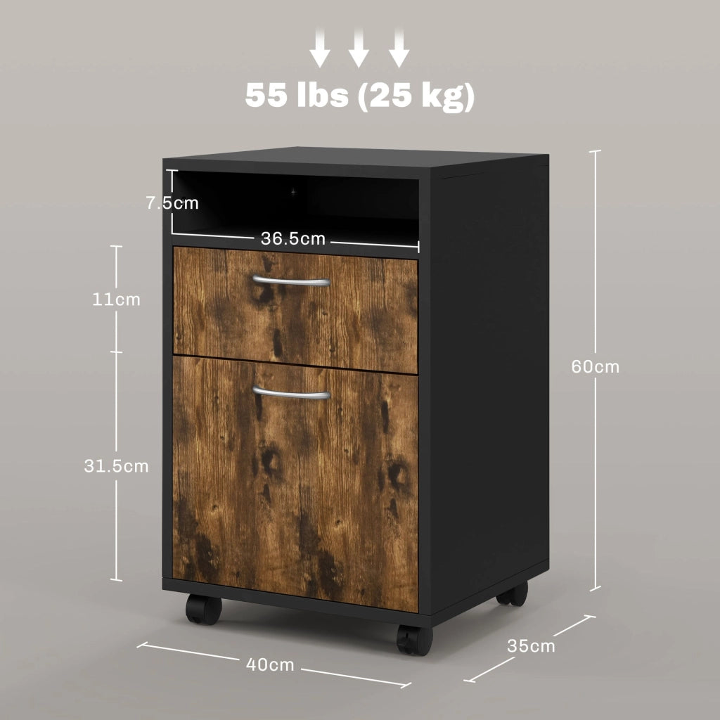 Cassettiera Portadocumenti da Ufficio Ripiano e 2 Cassetti 40x35x60 cm Marrone e Nero