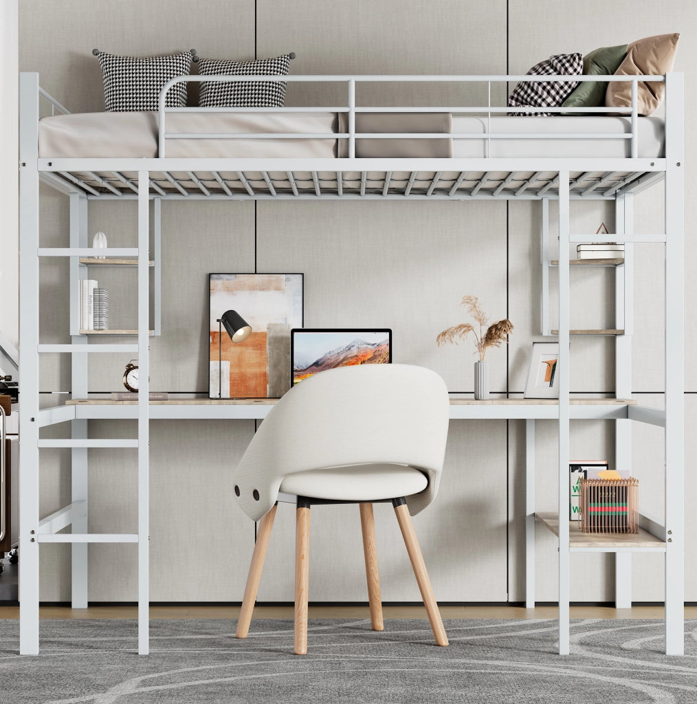 Letto a soppalco 90x200 cm con scrivania e libreria in metallo e MDF; bianco