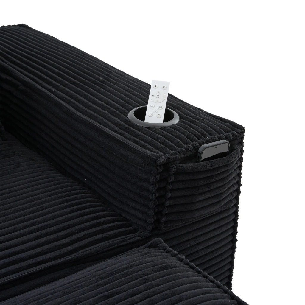 Divano modulare 2 posti con 2 pouf; portabicchieri e tasche laterali; in tessuto a coste nero