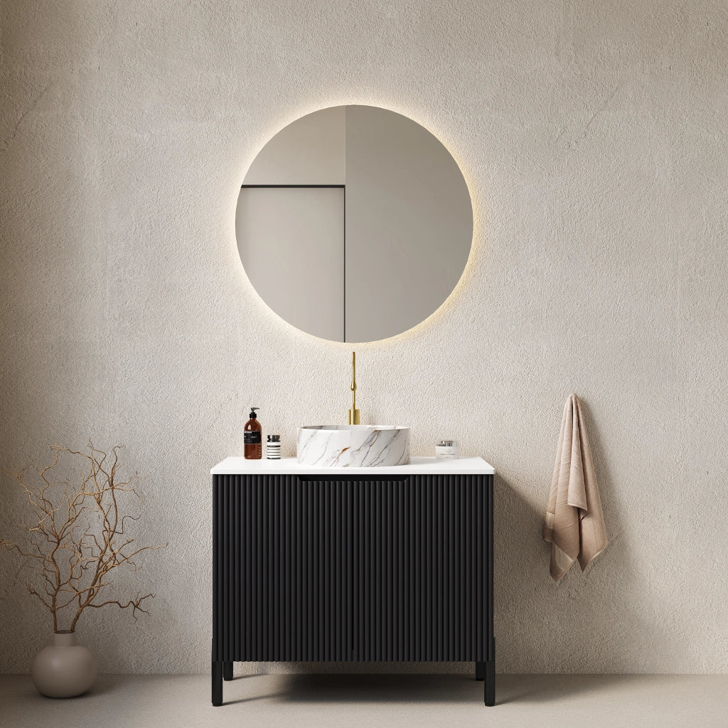 Mobile sottolavabo con lavabo in ceramica, 2 ante ammortizzate, per bagno, piano in pietra sinterizzata, nero e bianco