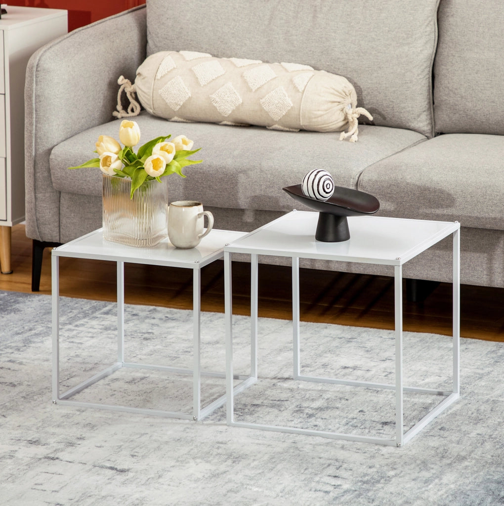 Set di 2 Tavolini Quadrati da Salotto con Struttura in Acciaio, Moderni, Bianchi, Dimensioni 40x40x40 cm e 35x35x35 cm