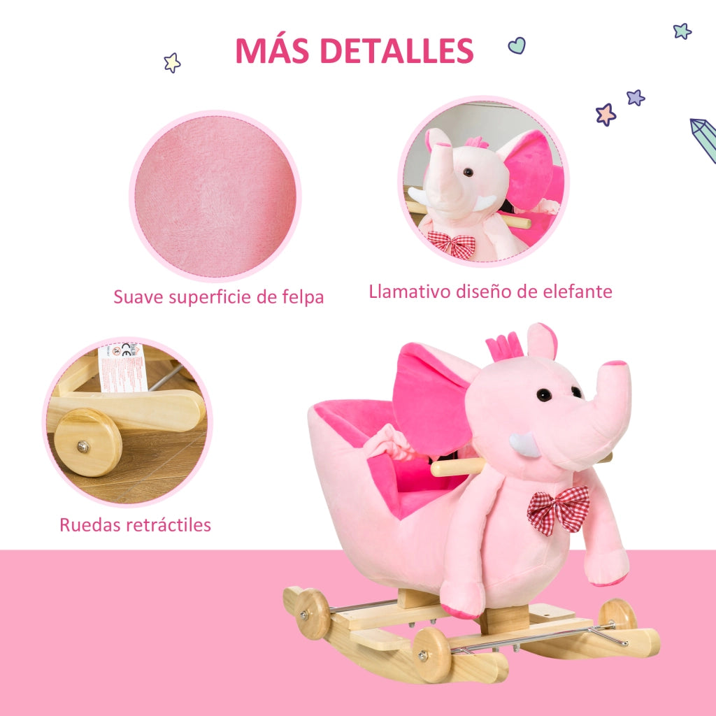 Cavallo a Dondolo con Ruote Forma Elefante ¨C Xylo ¨C Rosa 60x35x45 cm con Musica