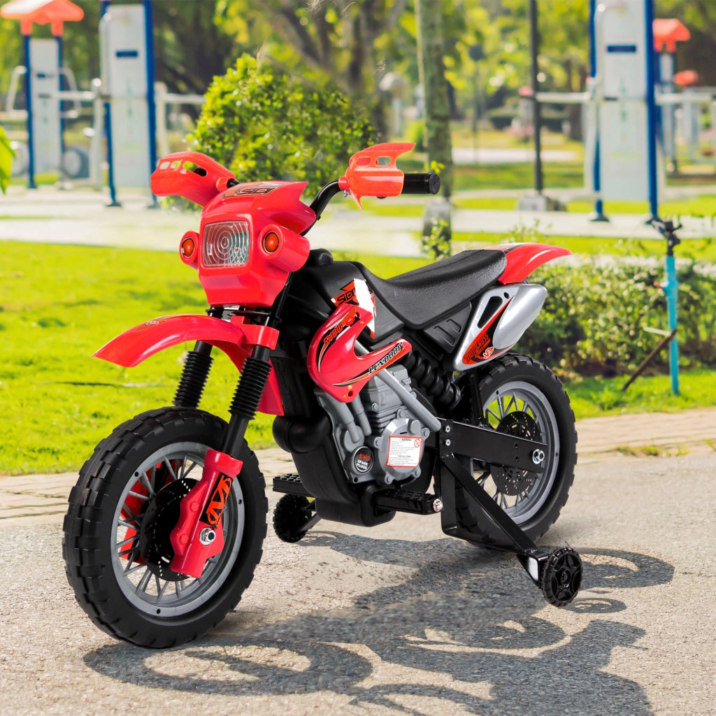 Moto cross elettrica per bambini 3-6 anni 6V con fari clacson e rotelle rimovibili 102 x 58 x 66 cm rosso e nero