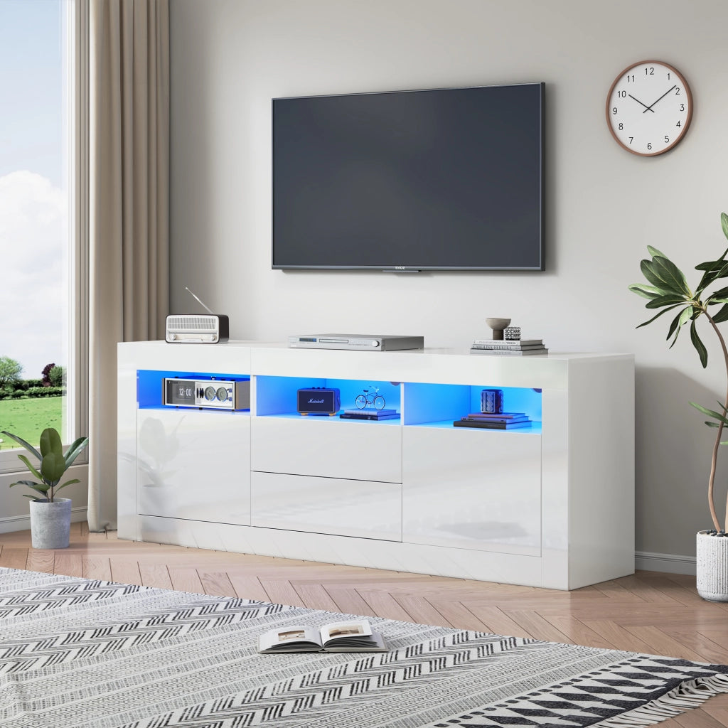 Mobile TV 160x35x60 cm con LED; 3 vani aperti; 2 ante e 2 cassetti; pannello truciolare bianco