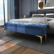 Panca imbottita multifunzione con seduta capitonne e piedi metallici in velluto blu e oro 118×45×42 cm