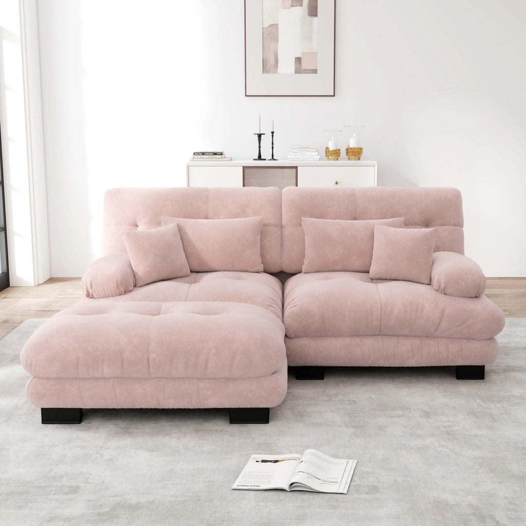 Divano modulare a L con ottomani in chenille rosa con cuscini lombari e decorativi da salotto 81 × 220 × 145 cm