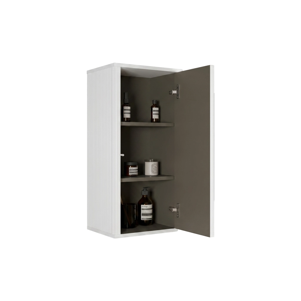 Armadietto da bagno sospeso con anta push-to-open e ripiani interni in MDF e compensato bianco