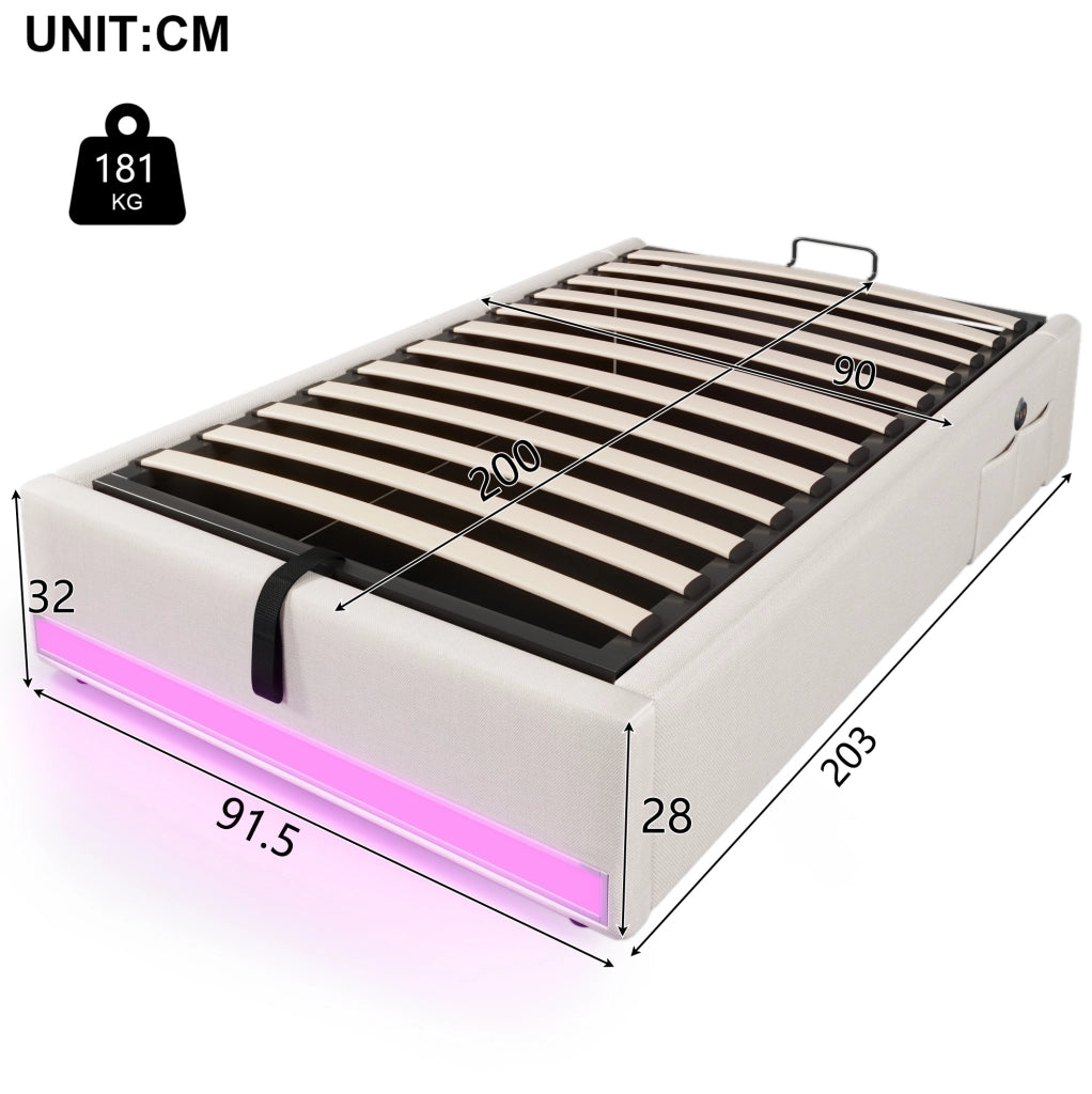 Letto imbottito 90x200 cm beige con LED, USB/Type-C e vano contenitore