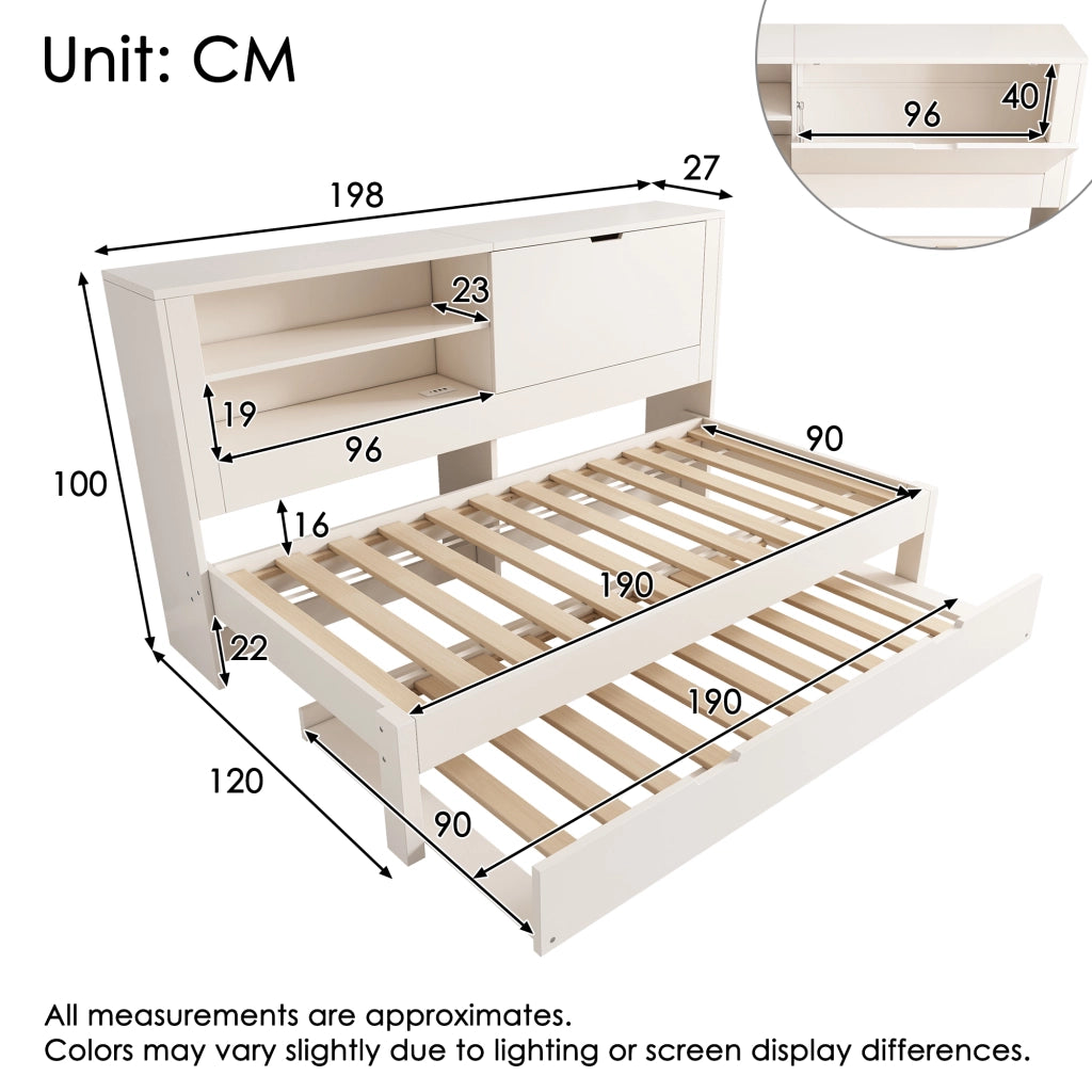 Divano letto 90x190 cm con letto estraibile 90x190 cm; USB e USB-C; vano contenitore; legno bianco
